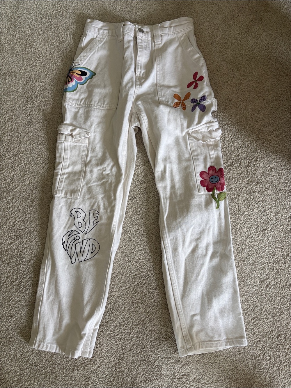 Hippie PacSun White Straight Leg Cargo Jeans with painted design